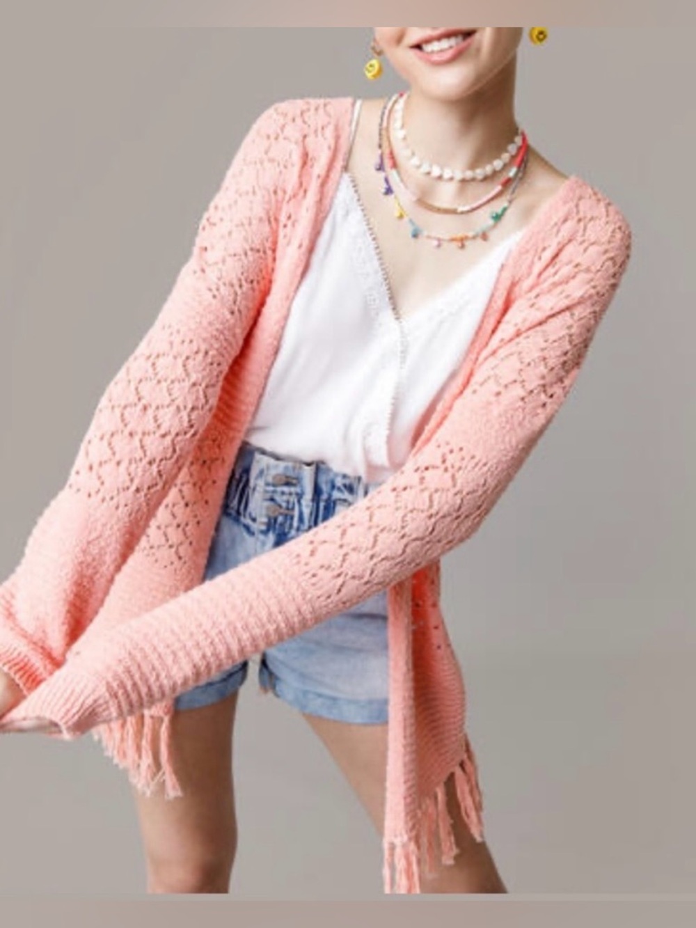 Francesca’s Pointelle Fringe Cardigan. 100% Cotton. Size Medium.